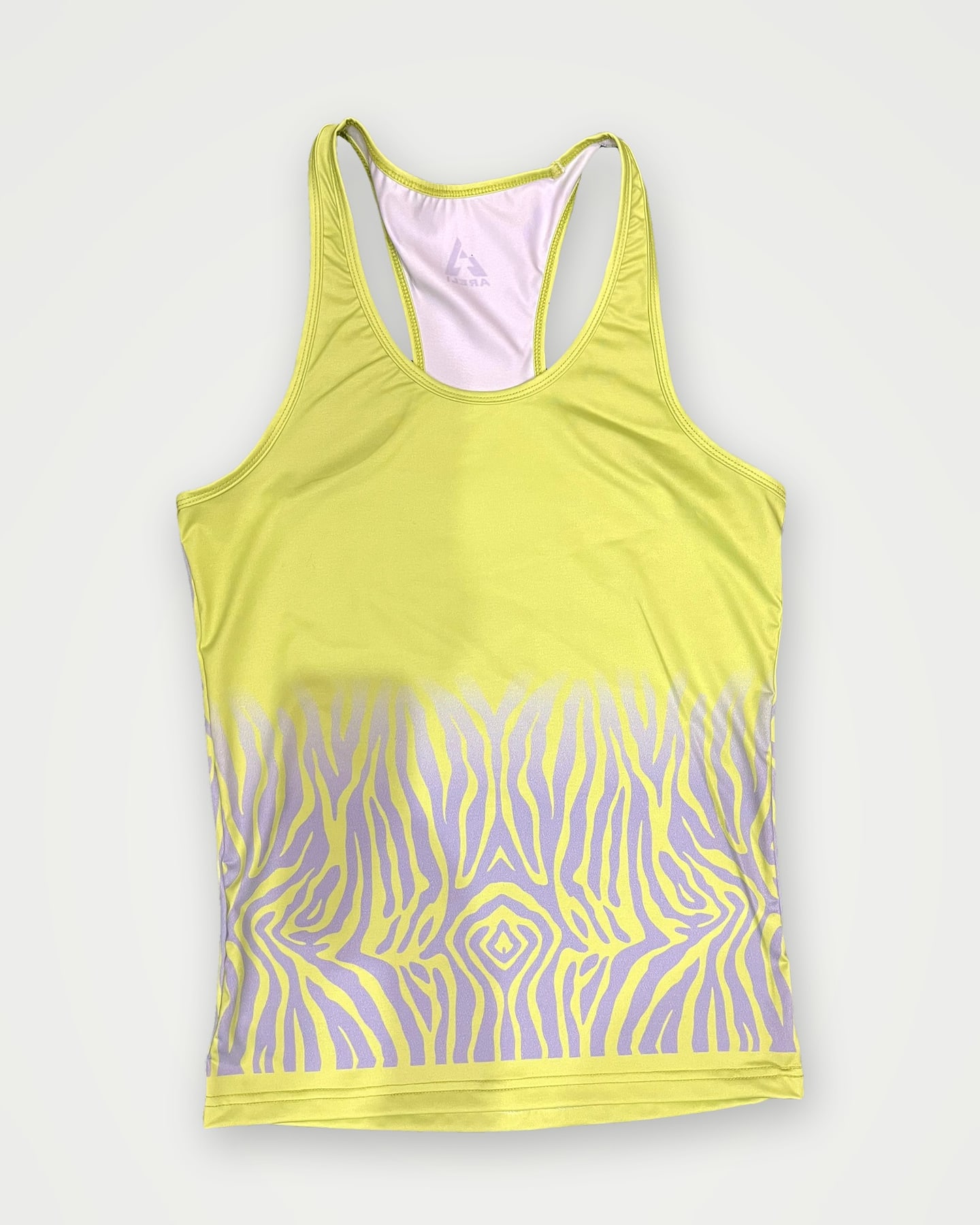 Yellow racerback training singlet with a lilac sublimated print