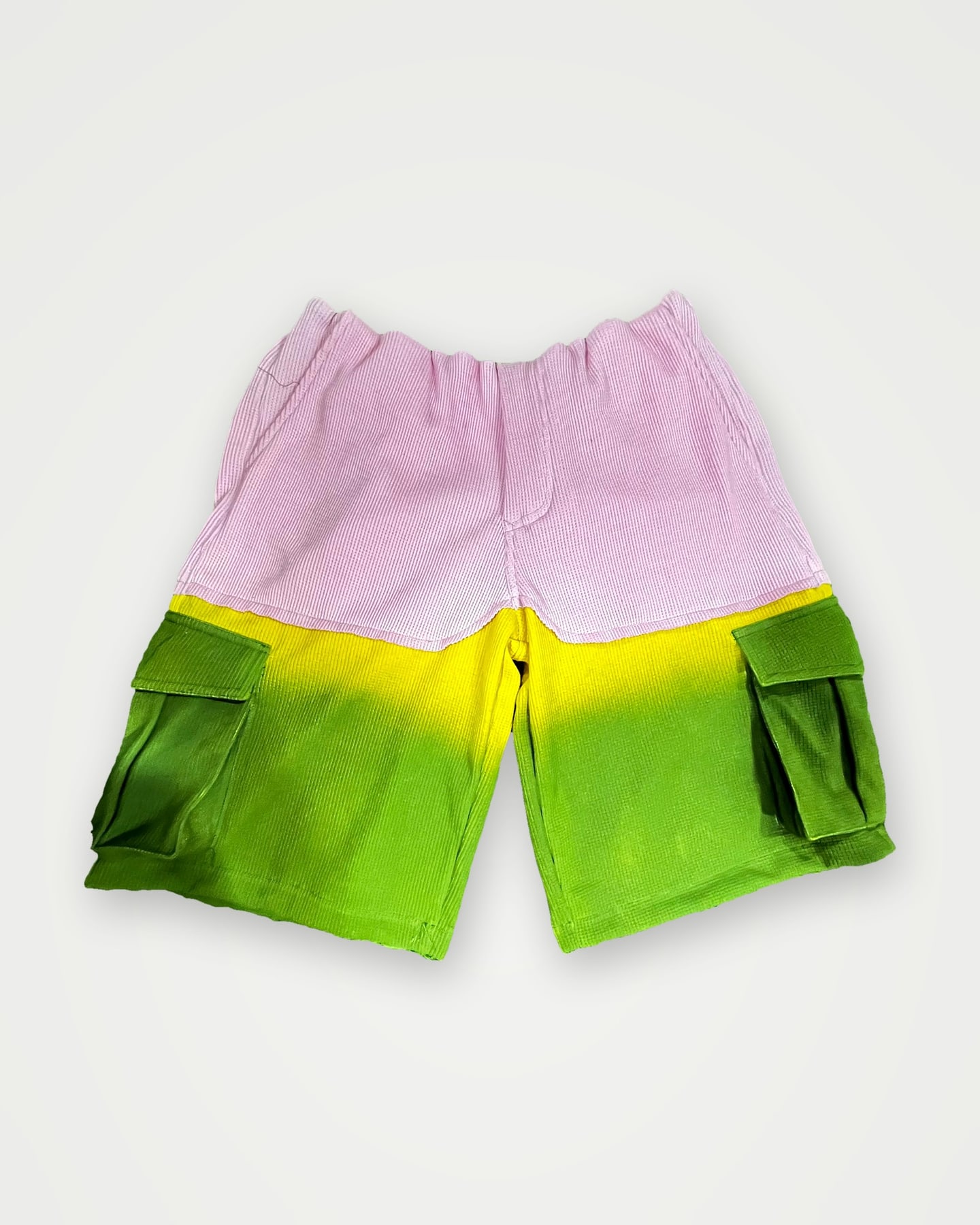 Lilac to green ombré dyed cargo shorts