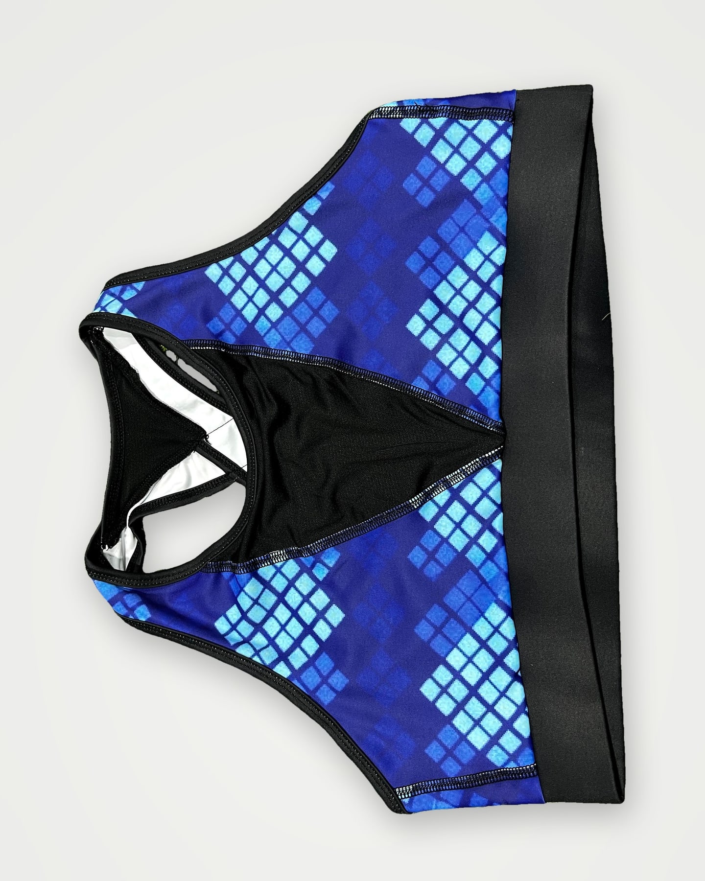 Blue diamond-pattern sublimated sports bra