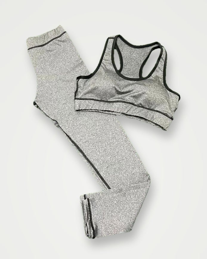 Heather grey sports bra and leggings set with black binding