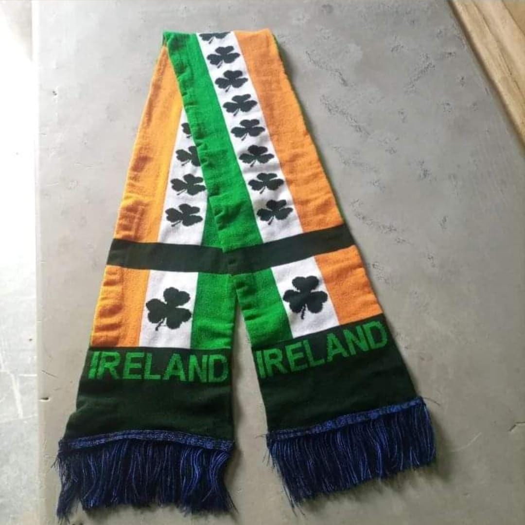 Green, white and orange Ireland supporter scarf with shamrocks