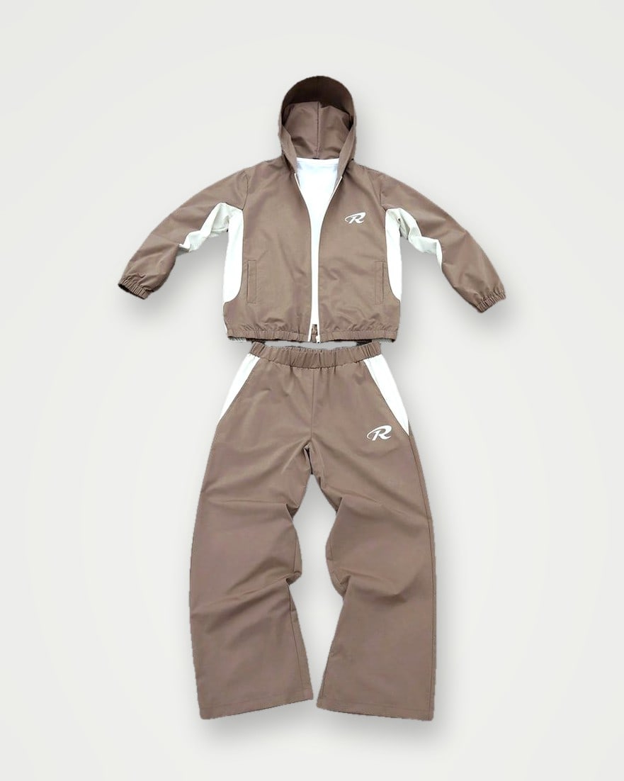 Mocha hooded track jacket and trousers with cream panels