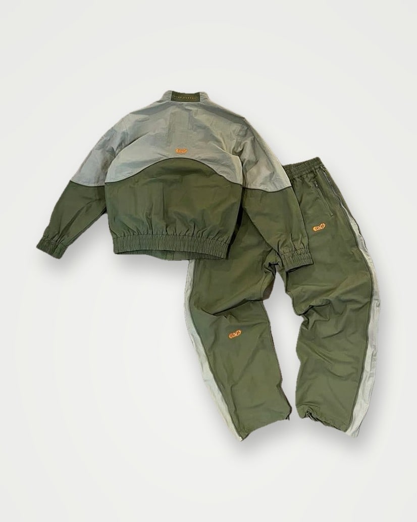 Olive colour-blocked nylon jacket and trouser set