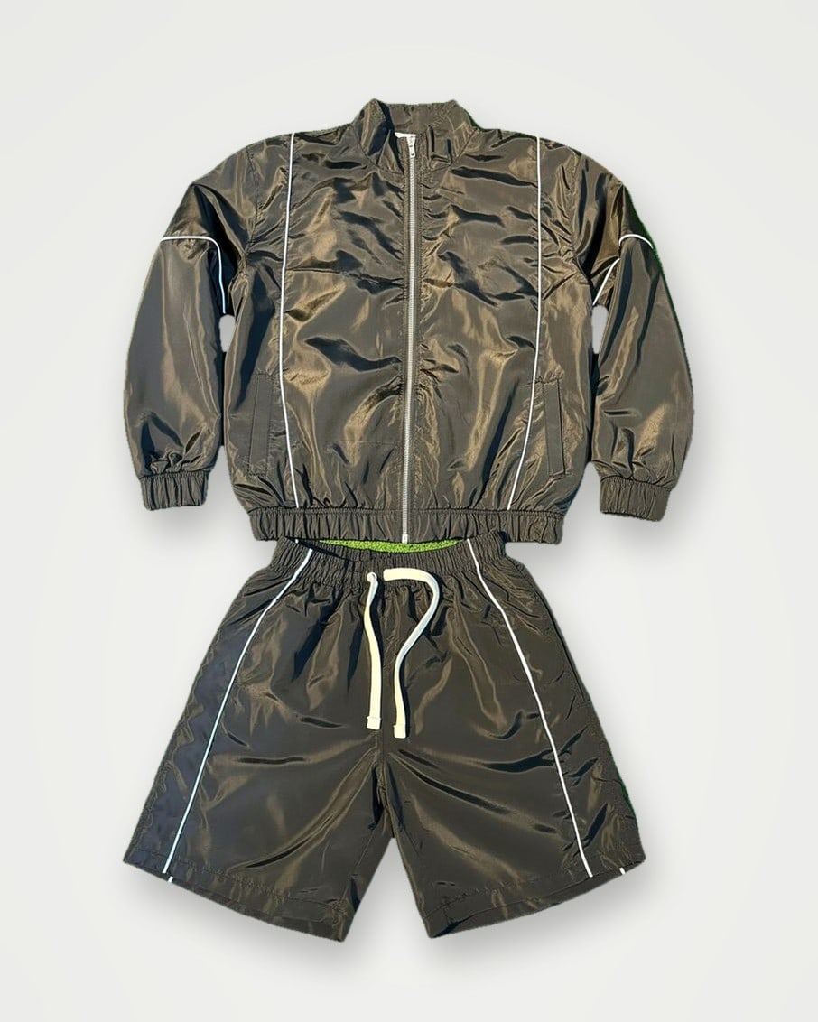 Olive nylon jacket and shorts set with reflective piping