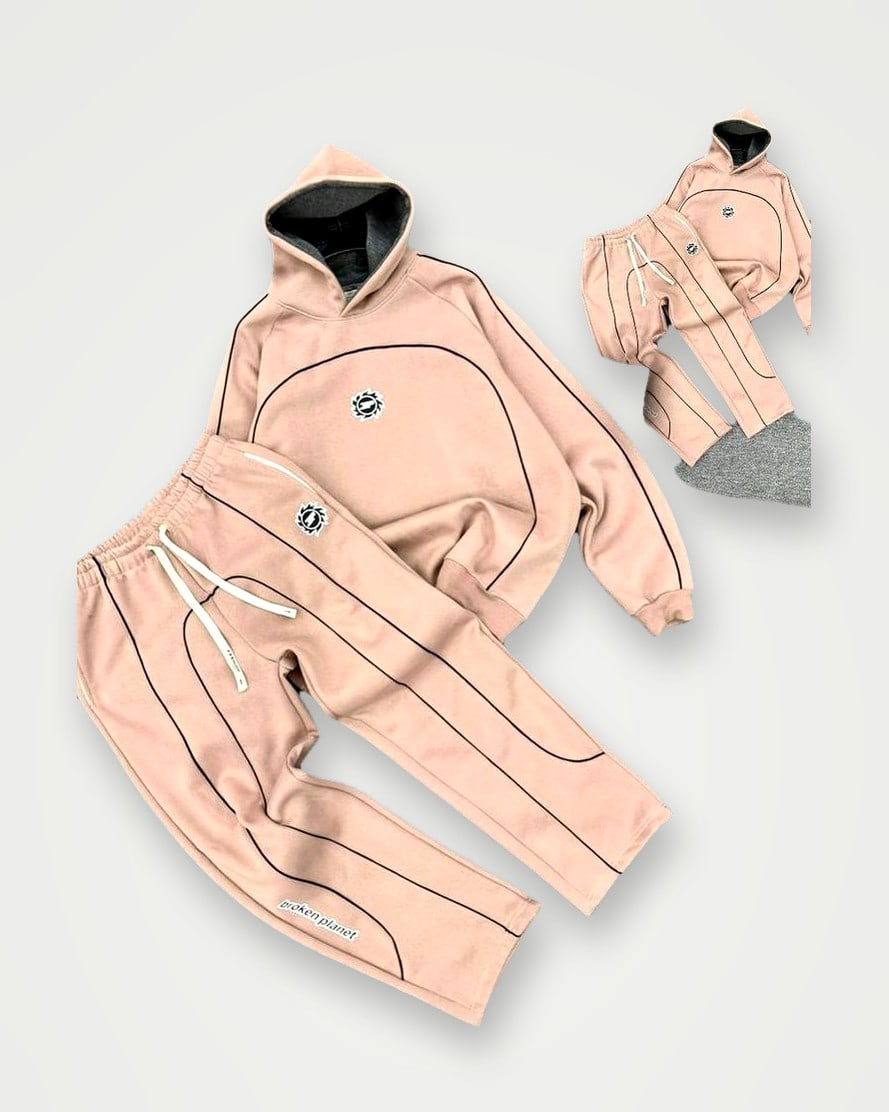 Peach fleece hoodie and sweatpants with contrast piping