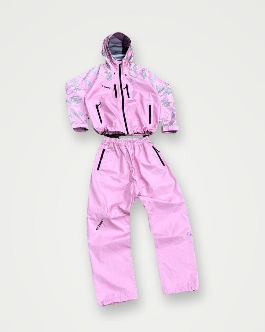 Pink hooded shell jacket and trousers