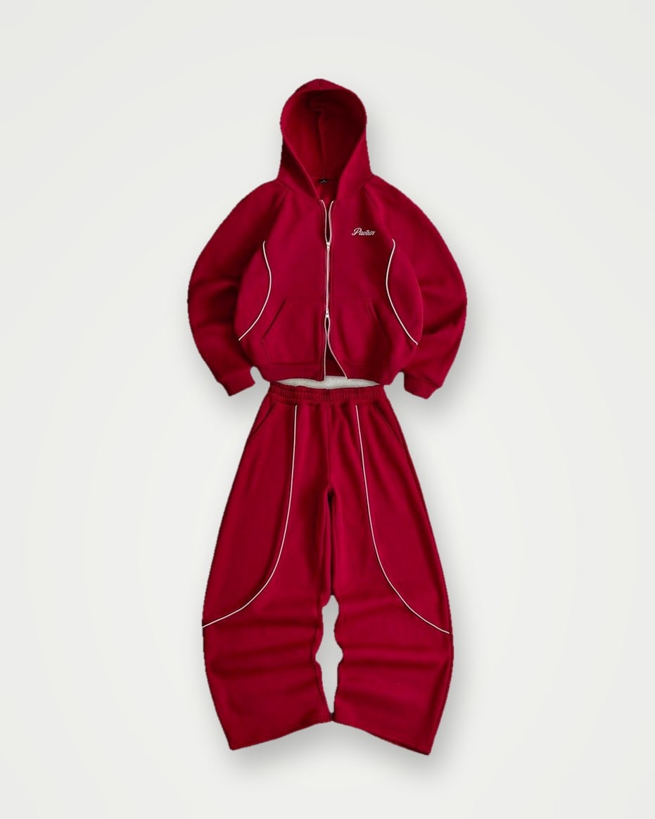 Red cropped zip hoodie and wide trousers with cream piping