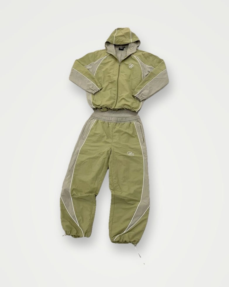 Sage hooded track jacket and trousers with contrast piping