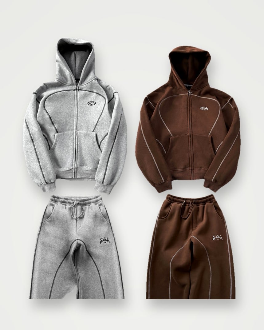 Grey and brown fleece hoodie and sweatpant sets with contrast piping