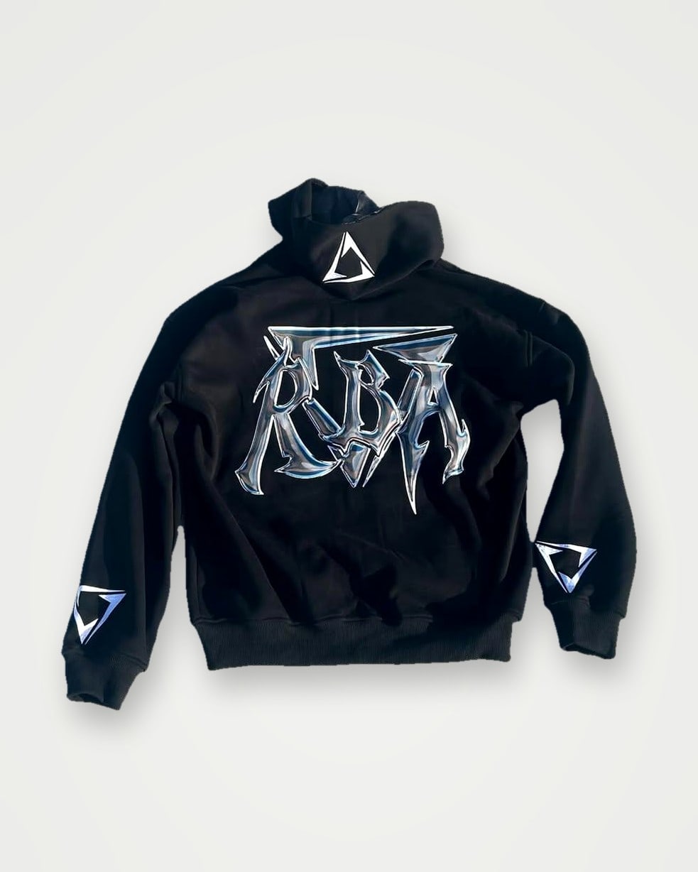 Back of a black zip hoodie with a large chrome-effect print