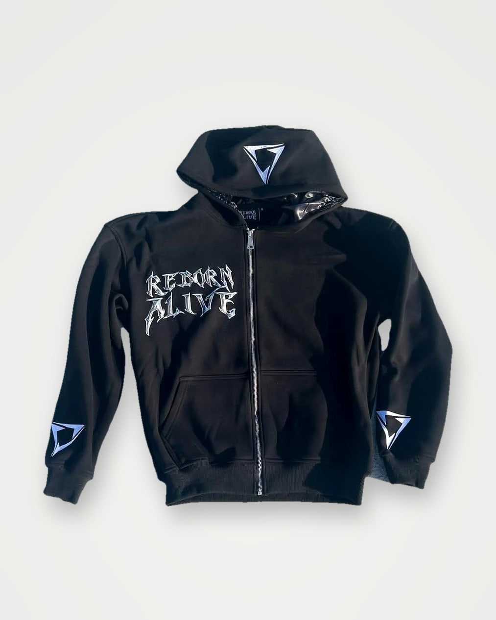 Black zip hoodie with chrome-effect chest print and sleeve logos