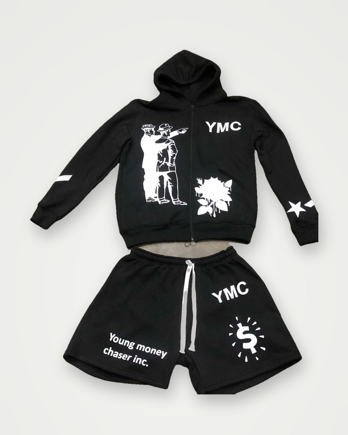 Black zip hoodie and shorts set with white screen-printed graphics