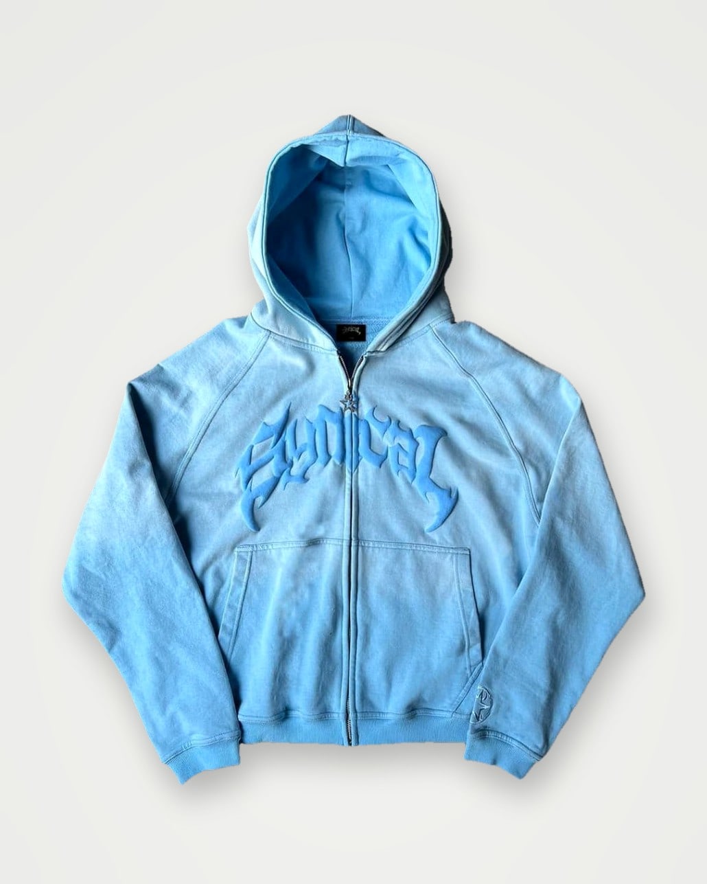 Light blue zip hoodie with tonal appliqué lettering
