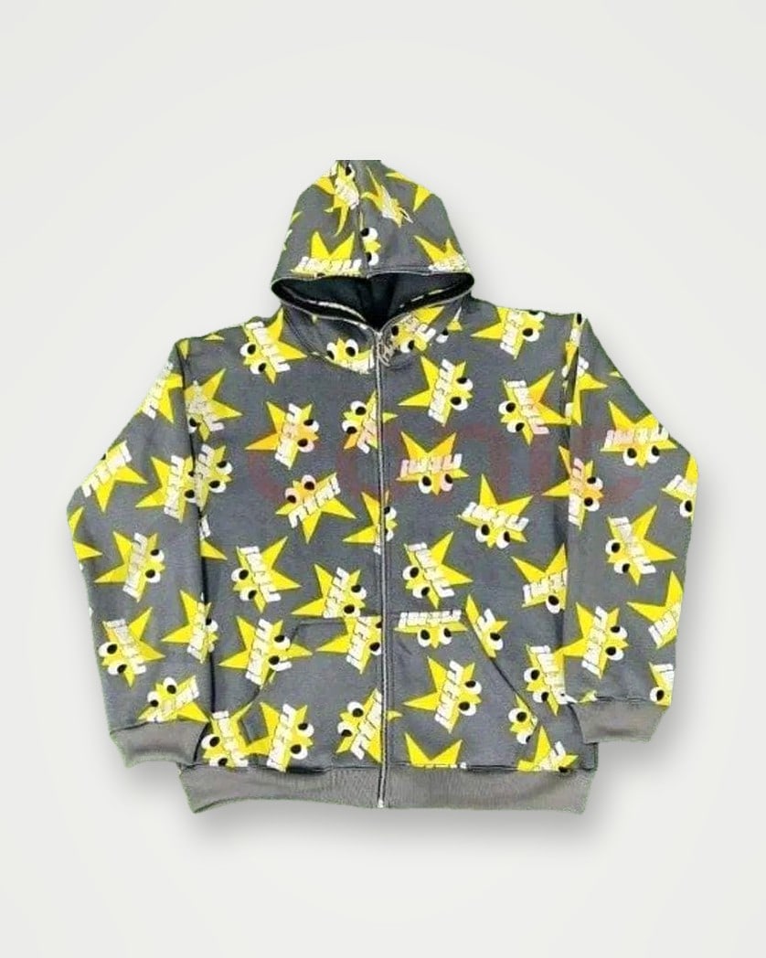 Grey full-zip hoodie with an all-over yellow star print